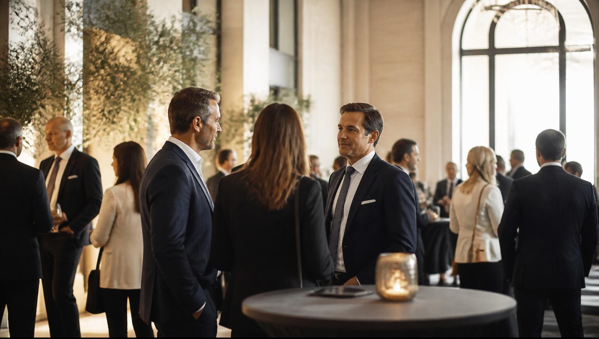 Evento corporativo en un espacio mediterráneo elegante con profesionales en conversación